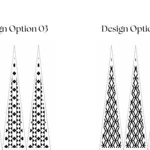 May include: Two sets of three tall, narrow triangles labeled Design Option 03 and Design Option 04. The first set features a black geometric diamond pattern, while the second set displays a black interlocking hexagonal grid pattern on white.