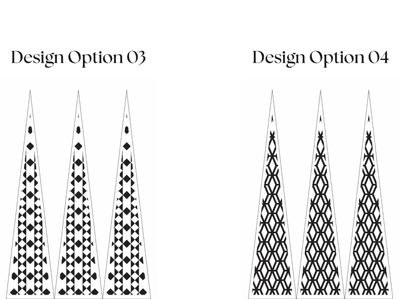 May include: Two sets of three tall, narrow triangles labeled Design Option 03 and Design Option 04. The first set features a black geometric diamond pattern, while the second set displays a black interlocking hexagonal grid pattern on white.
