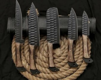 Handgefertigtes Damaskus-Messerset schwarz beschichtet mit Eschenholzgriffen, individuelle Küchenmesser, Jubiläums- und Geburtstagsgeschenk, Geschenk für Ehemann