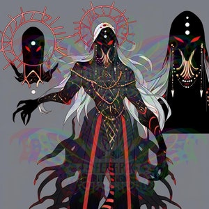 May include: Digital illustration of a dark figure with a halo and red eyes. The figure is adorned with gold and red accents, and has long white hair. The artwork has a surreal, otherworldly theme.