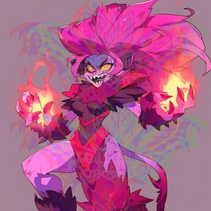 May include: Digital illustration of a fierce, humanoid creature in pink and magenta tones. The character has fiery hair, yellow eyes, and is holding flames in its hands. The background has a repeating pattern.