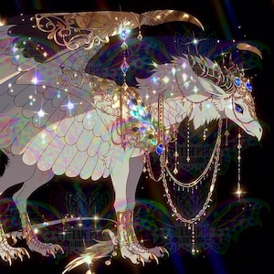 May include: A digital illustration of a white mythical creature with large, iridescent wings and intricate gold and jewel embellishments. The creature has a crown and is adorned with dangling jewels, set against a dark, sparkling background.