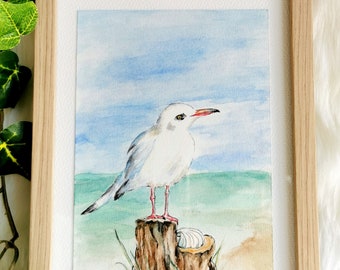 Seagull original watercolor painting (framed)