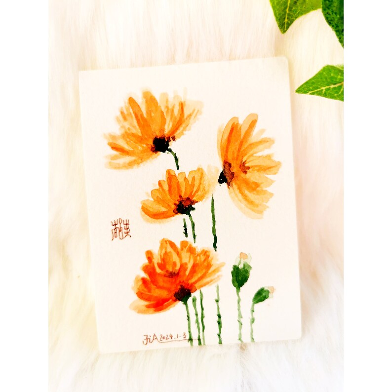 Mini card originale dell'acquerello Fiori rossi immagine 1