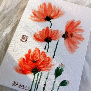 Original watercolor mini card Red Flowers image 4