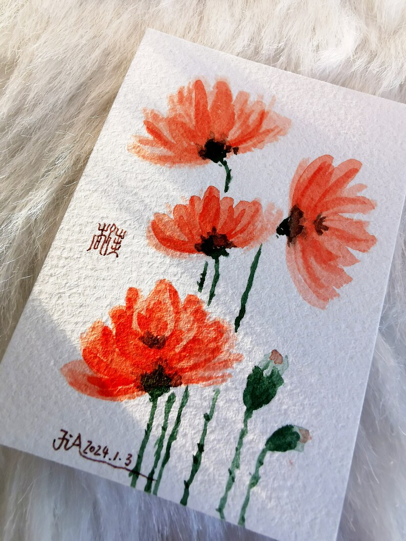 Original watercolor mini card Red Flowers image 4