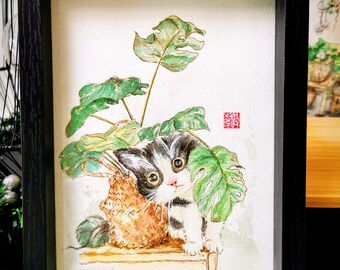 Original watercolor painting Playful Kitty