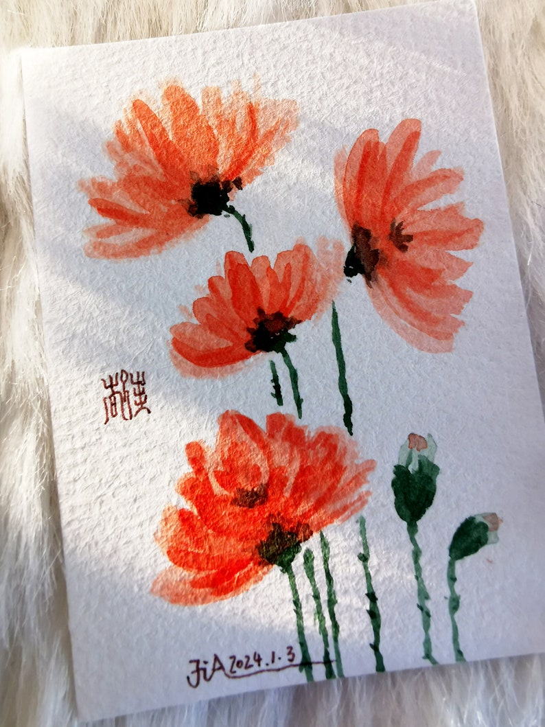 Original watercolor mini card Red Flowers image 3