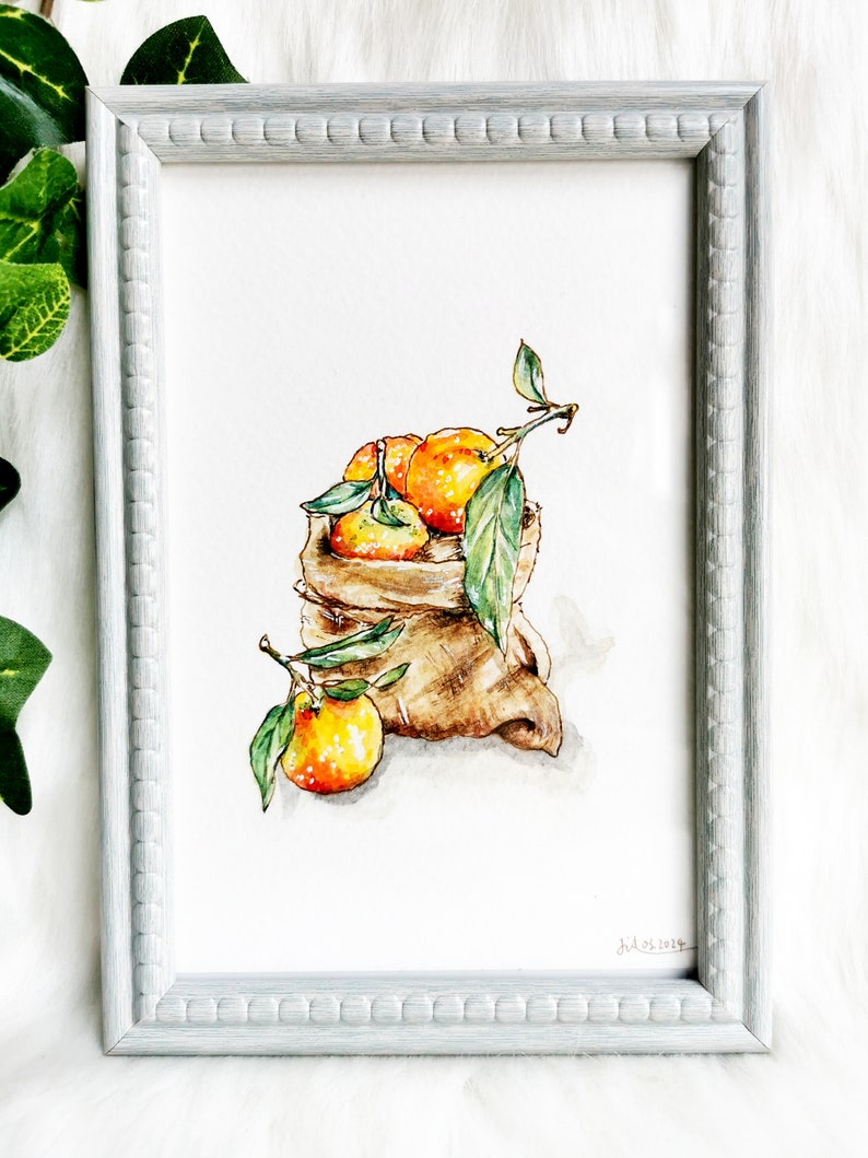 Oranges framed original watercolor painting image 1