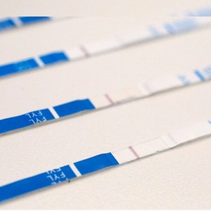 May include: Four blue and white pregnancy test strips, two with a faint pink line, indicating a positive result.