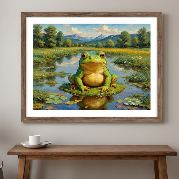 Lily Pad Toad Guy Digital Art Print Download Nature Landscape - Cute Whimsical Frog Painting, Botanical Wall Decor, Adorable Home Art