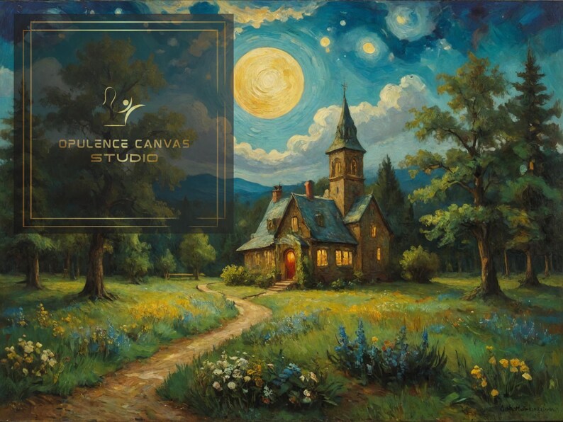 Starry Night Swirling Sky Digital Download, Cozy Village Glowing Church ...