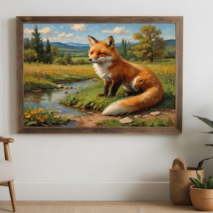 May include: A painting of a red fox sitting by a stream in a lush green meadow. The fox has a bushy tail and is looking to the left. The background features a blue sky with white clouds and green trees.