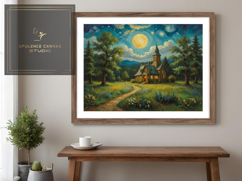 Starry Night Swirling Sky Digital Download, Cozy Village Glowing Church ...