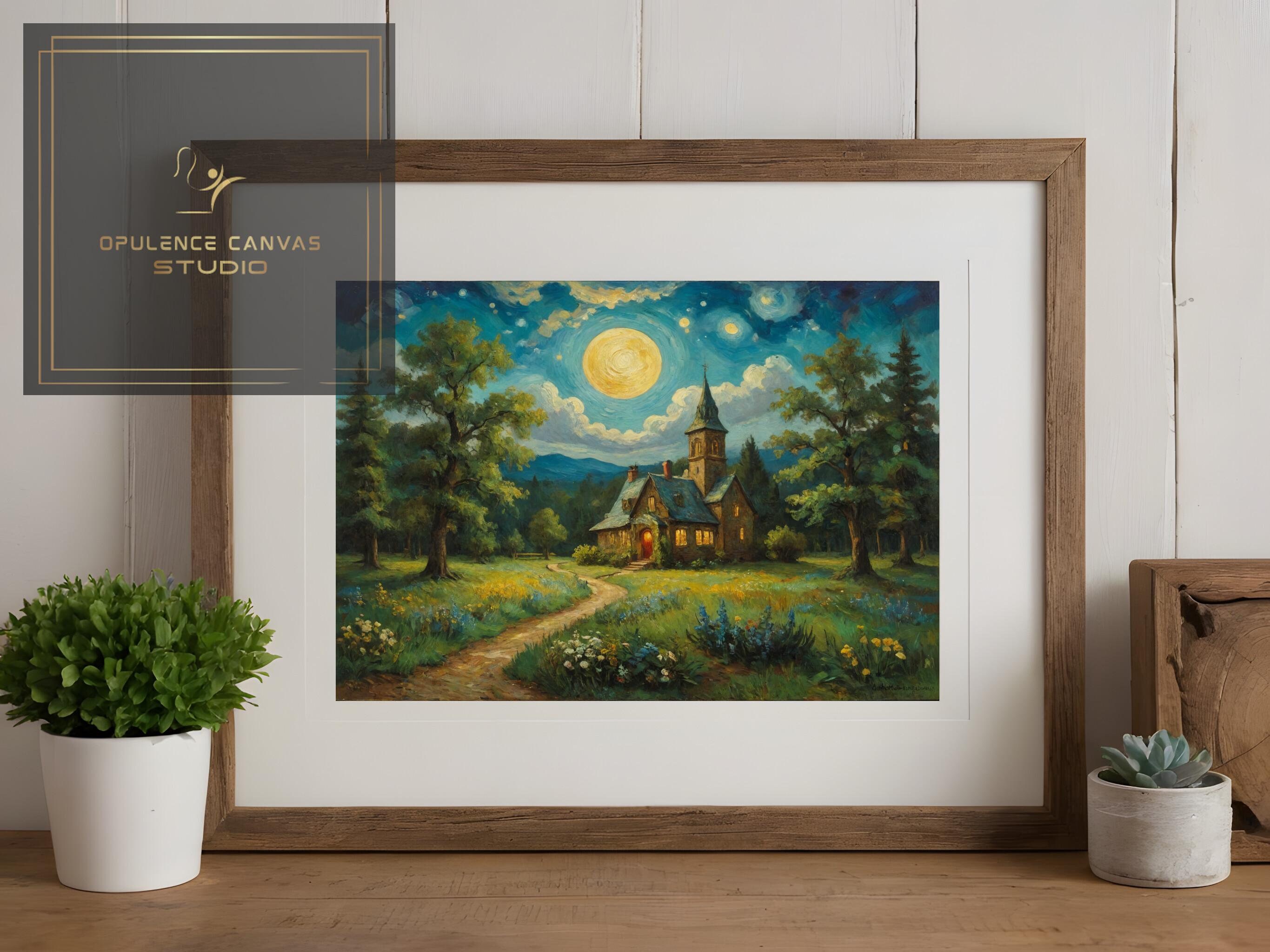 Starry Night Swirling Sky Digital Download, Cozy Village Glowing Church ...