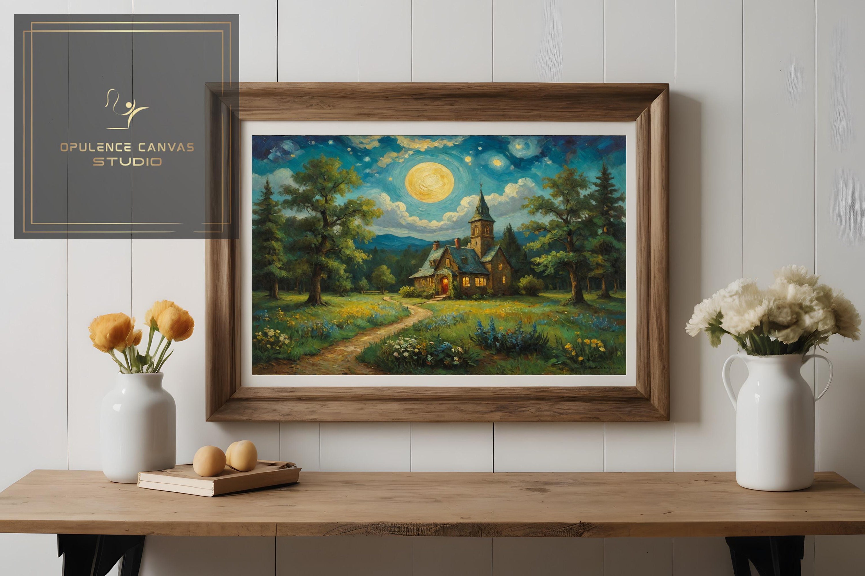 Starry Night Swirling Sky Digital Download, Cozy Village Glowing Church ...
