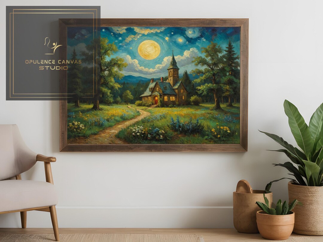 Starry Night Swirling Sky Digital Download, Cozy Village Glowing Church ...