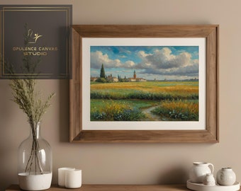 May include: A framed painting depicting a rural landscape with a small town in the distance. The painting features a field of yellow wheat, a winding path, and a blue sky with fluffy white clouds.