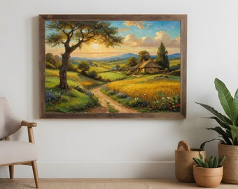 Cottage Landscape Digital Download - Fine Art Print, Rural Scenery Wall Decor, Cozy Home Art, Instant Tranquility