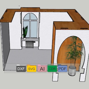 Könnte beinhalten: Ein 3D-Modell eines Raumes mit einem Fenster, einer Pflanze und einem Heizkörper. Der Raum besteht aus weißem Karton und hat einen braunen Holzboden. Das Modell ist in den Formaten DXF, SVG, AI, CDR und PDF verfügbar.