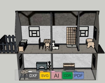 May include: A two-story dollhouse with a black fence, a kitchen, a dining room, a bathroom, and a bedroom. The dollhouse is made of wood and has a gray roof. The dollhouse is available in DXF, SVG, AI, CDR, and PDF formats.