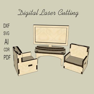 1:12 scale. furniture for dolls, armchairs,TV,coffee table,dollhouse furniture Digital Product, Wooden Furniture , dxf furniture set,