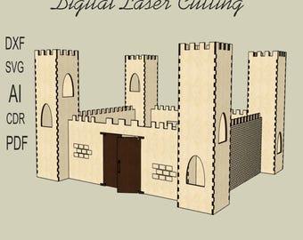 Castillo de madera cortado con láser: contrachapado de 3 mm, archivos SVG y DXF, juguete de fortaleza medieval
