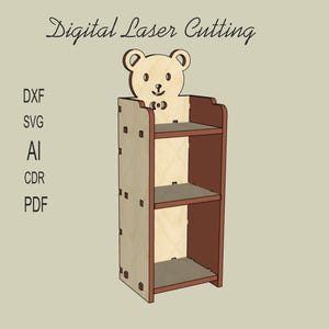 May include: Digital laser cutting file for a three-shelf bookcase with a teddy bear head on top. The file is available in DXF, SVG, AI, CDR, and PDF formats.