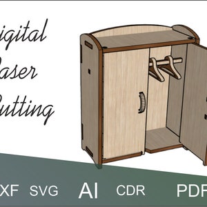 Op de afbeelding: Een digitaal laser snijbestand voor een houten poppenhuis garderobe met twee deuren, een plank en een hanger. Het bestand is beschikbaar in de formaten DXF, SVG, AI, CDR en PDF.