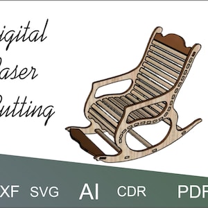 Può includere: File di taglio laser digitale per una sedia a dondolo. Il file è disponibile nei formati DXF, SVG, AI, CDR e PDF.