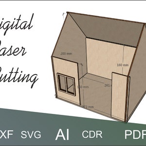 Mini casa de madera, archivo digital, 3 mm, caja de habitación, plantilla de cabaña vectorial, plantilla de madera, casa de muñecas, cabaña rústica en miniatura