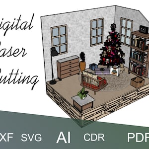 Peut inclure: Une conception de découpe laser numérique d'un salon avec un sapin de Noël, des cadeaux, une bibliothèque, un fauteuil, une lampe, une commode et une plante en pot. Le design est en vue isométrique 3D.