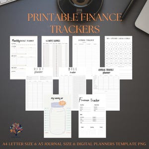 May include: Printable finance trackers in black and white with headings such as "Monthly Budget Planner", "52 Weeks Savings", "Expense Tracker", "No Spend Challenge", "Debt Planner", "Bill Tracker", "Annual Finance Planner", "My Saving Jar", and "Finance Tracker".