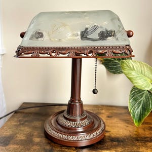 Vintage Bronze Bankers Lamp With Frosted Glass Etched Floral Shade