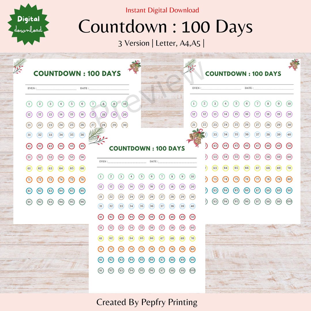 Instant Digital Download,countdown 100 Days,countdown Calendar,fitness ...