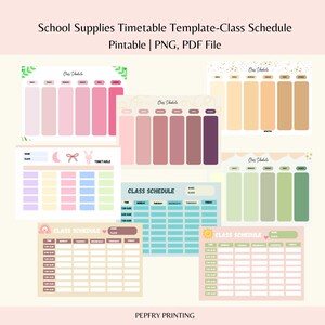 Pode incluir: Uma coleção de modelos de horários escolares imprimíveis em várias cores pastel, incluindo rosa, pêssego e verde. Cada modelo apresenta um layout de grade para organizar horários diários, com o texto "Class Schedule" e "Timetable".