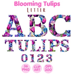Carta de tulipanes en flor, imágenes prediseñadas de letras de tulipanes, descarga digital, gráfico del alfabeto, sublimación de imágenes prediseñadas de acuarela, uso comercial