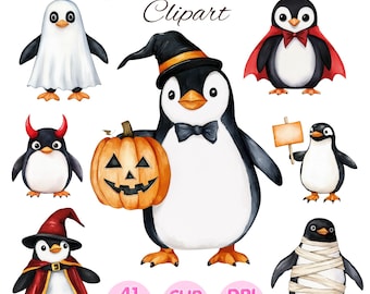 Halloween Penguin Clipart: Watercolor PNG Images (Commercial Use)