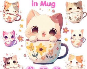 Watercolor Kitten in Mug Clipart: Cafe Wall Art (PNG Digital Download)