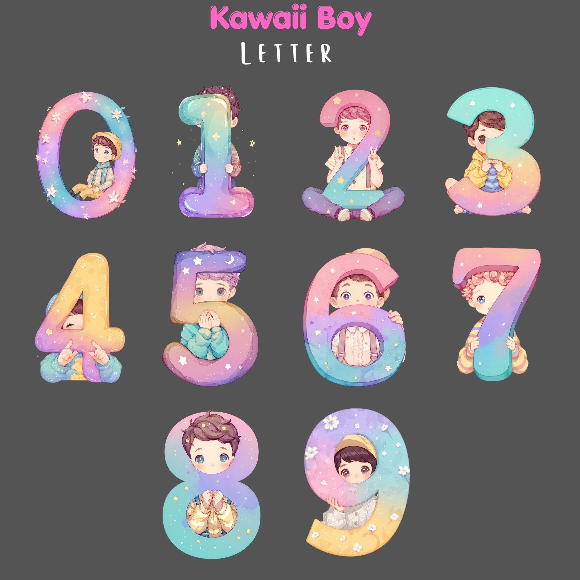 Cute Boy Lettering Kawaii Boy Alphabet Clipart: Watercolor Doodle Letters (PNG, Commercial ...