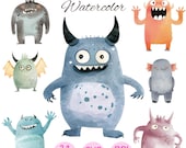 Monster Watercolor Clipart, Commercial Use PNG (Digital Download