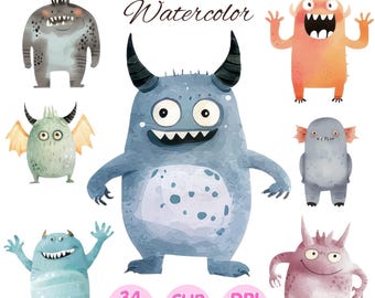 May include: Watercolor illustration of several cute monsters in various colors, including blue, orange, and pink. The image includes the text "Cute Monsters Watercolor" in pink and black script. The image also includes the text "34 PNG", "CLIP ART", and "DPI 300".