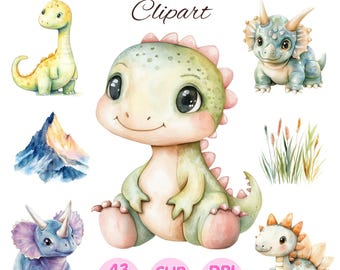 May include: A set of 43 digital clipart images of baby dinosaurs. The images are in PNG format and have a resolution of 300 DPI. The clipart includes a green baby dinosaur, a blue baby dinosaur with horns, a yellow baby dinosaur, and a blue baby dinosaur with frills. The clipart also includes a mountain and a patch of grass.