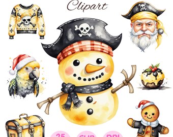 Watercolor Christmas Pirate Clipart: PNG Pirate Adventures (Commercial Use)