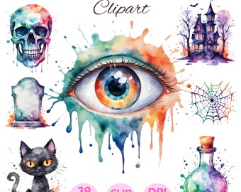 Watercolor Halloween Clipart: Witch, Ghost, Vampire (PNG Files)