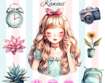 Watercolor Kawaii Girl Clipart: 43 PNG Illustrations (Commercial Use)