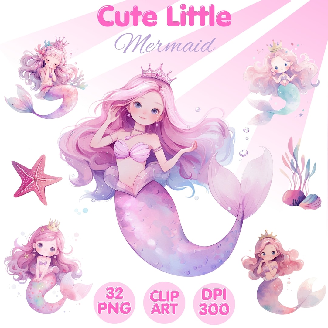 Watercolor Mermaid Clipart: Undersea Princess PNG Ornaments (digital ...