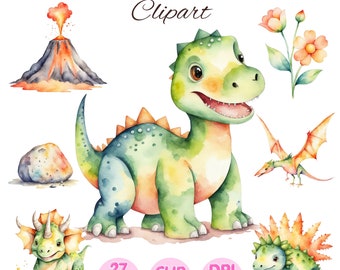 May include: Watercolor clipart set featuring a green dinosaur, a volcano, a rock, a flying dinosaur, a spiky dinosaur, and a flower with pink and yellow flowers. The set includes 27 PNG files at 300 DPI.