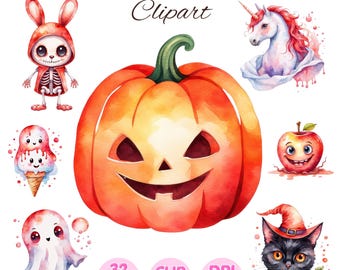 Kawaii Halloween Clipart: Watercolor PNG Graphics (Commercial Use)