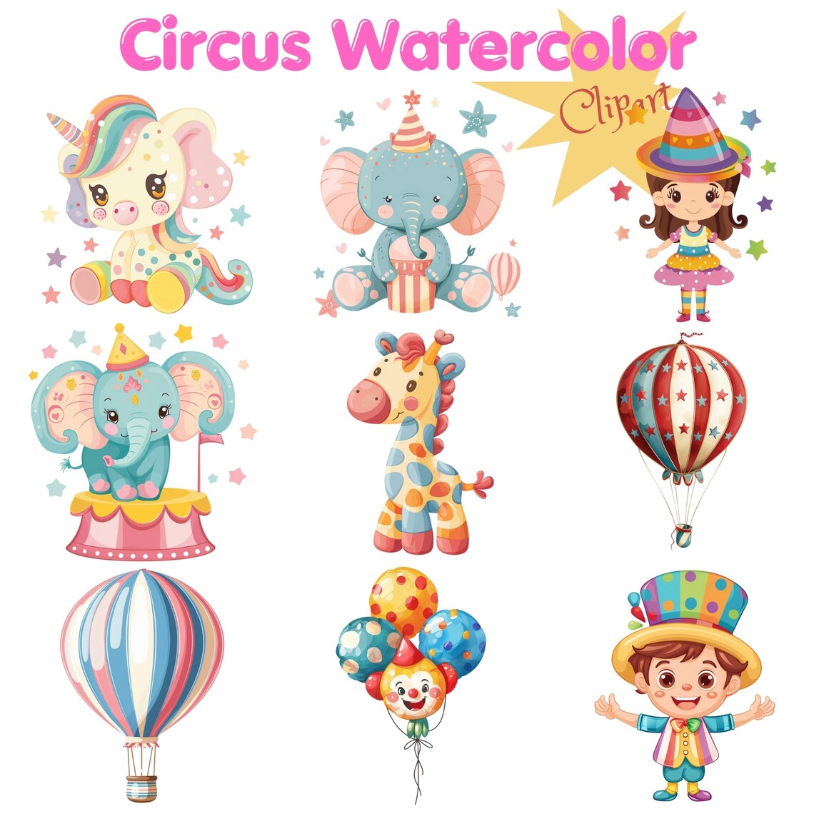 Circus Watercolor Clipart: Carnival Animals, Nursery Art (PNG Digital ...